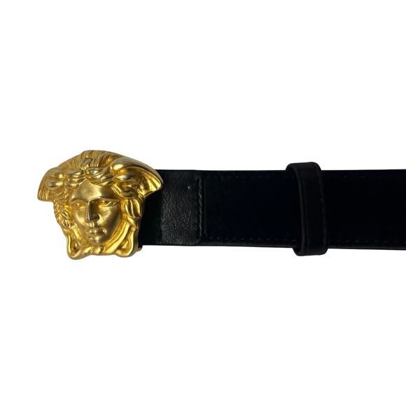 Gianni Versace Vintage Gold Tone Medusa Black Fur Calfskin Leather Belt Size 28 main image 8